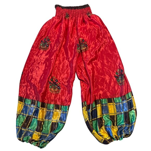 Wevez Red Silk Blend Baggy Parachute Pants  Joggers Colorful Pattern Boho - Picture 4 of 7